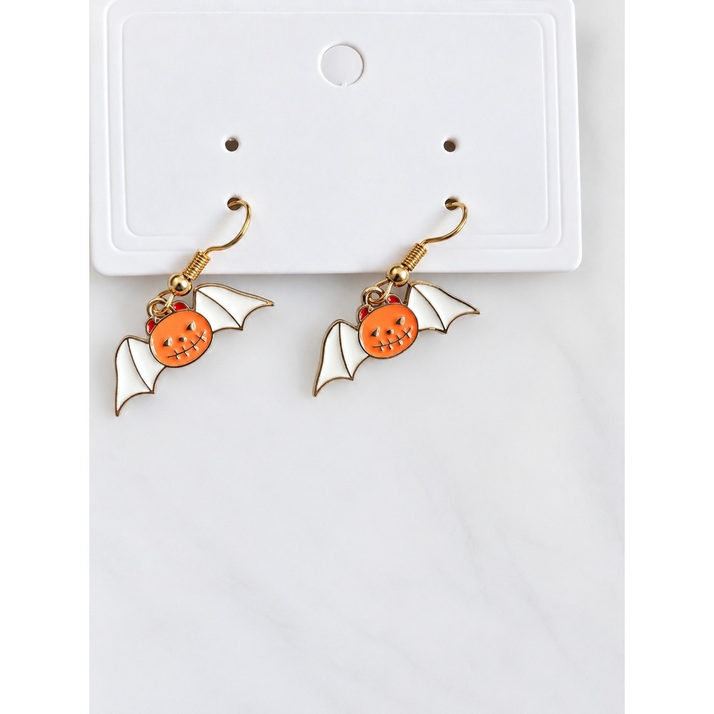 Halloween Pumpkin Bat Drop Earrings Orange Enamel Gold Tone Festive Jewelry